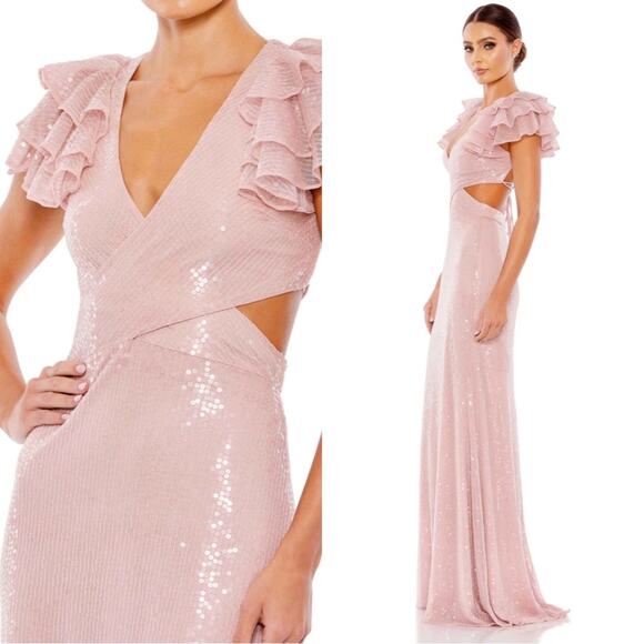 Mac Duggal Sequined Ruffled Cutout Lace Up Rose Pink Maxi Gown Sz 8 - Picture 2 of 14